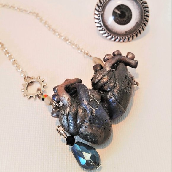 HANDMADE Siamese robot anatomical hearts necklace silver - Picture 10 of 11